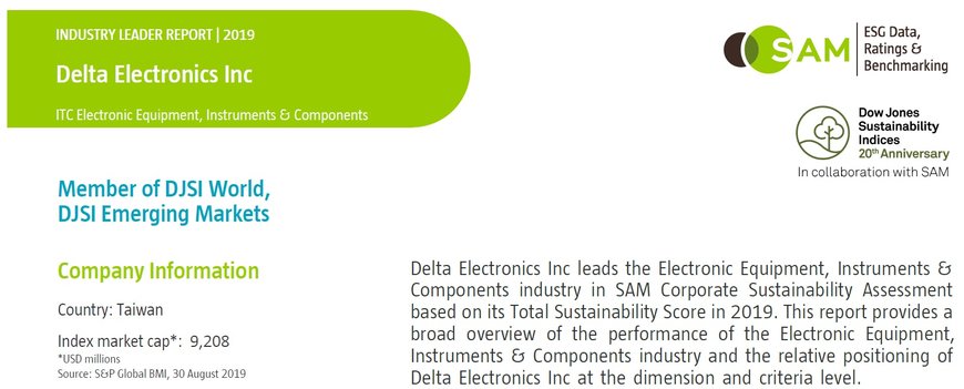 Delta’s ESG Performance Again Leads in the 2019 Dow Jones Sustainability Indices for the Electronic Equipment, Instruments and Components Industry